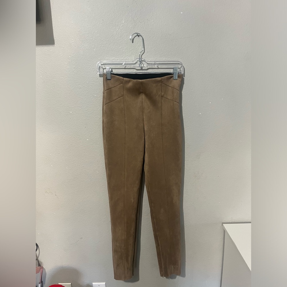 ZARA‎ Pants Womens SMALL Faxu Suede Side Zip Elastic Waist Full Length Brown